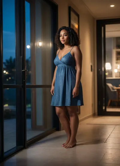 A nighttime exterior scene viewed from outside a house. It is dark outdoors, with a deep blue night sky and subtle ambient moonlight. Through a large floor-to-ceiling glass door, the brightly illuminated interior of the house is clearly visible.
Inside, warm and inviting lighting fills the space, creating a strong contrast with the darkness outside. A chubby black-skin woman with black curly hair wearing elegant micro-skirt nightgown is visible inside the room, standing naturally, slightly turned to the side, not posing and not looking at the camera.
The atmosphere is quiet, intimate, and cinematic. Photorealistic style, high detail, realistic materials, soft shadows, subtle reflections on the glass, shallow depth of field. Film-still aesthetic, nighttime photography look, 35mm lens, natural colors, balanced lighting.