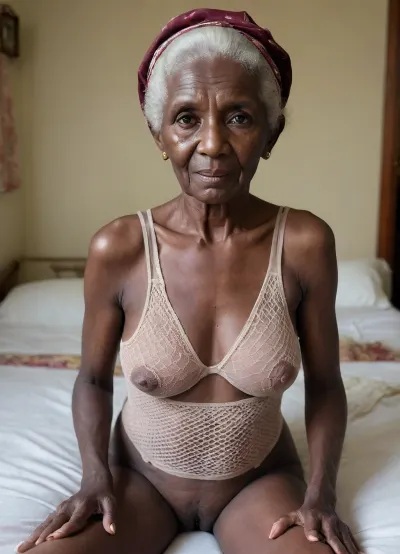 Extremely old wrinkled and saggy Congo Granny, (((99yo granny:1.9))), from darkest Congo, Skeletal thin body and small flat saggy breasts, (((suffering from severe anorexia:1.9))), full body image, (((darkest ebony skin:1.7))), 45' vew, lying on a bed in a hut bedroom with legs splayed wide apart, she is wearing an old translucent 1780s style body stocking, old torn bra, black nipples, bright lighting, (((old fashioned fishnet animal skin body suit))), sexy, wearing glasses, angry expression, wrinkled breasts. Long nipples reaching out towards camera, (((ultra skinny body:1.8))), (((breasts drooping to her waist))), .
