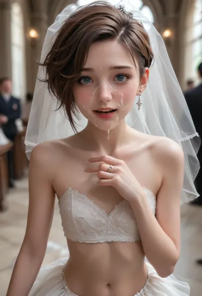 (feminized femboy, femboy with dick and testicles, trap, brown asymmetric hair, asymmetric pixie hair, undercut hair, dark blue eyes, perfect face, perfect fingers, bridal makeup, smiling, open mouth, shy, very small sized breasts, flat chest, slender feet, erect cumming cock, small uncircumcised penis, micropenis, uncircumcised cock, small testicles, wearing a bridal veil, wearing a wedding ring, wedding ring in left hand, ecstatic expression, excessive cum on face, walking down the aisle, round butt, photorealistic eyes)