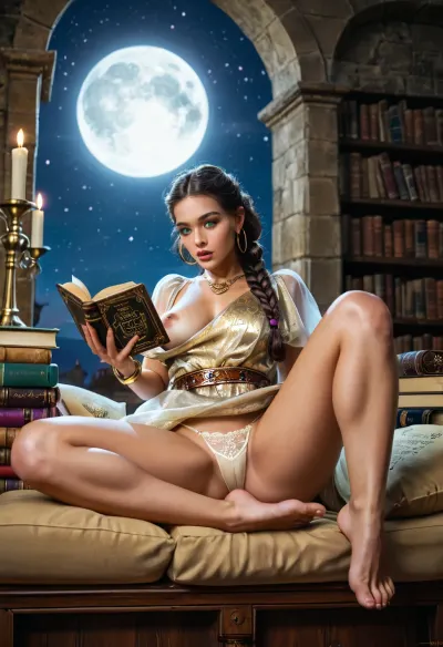 (from below), score_9, from below, Masterpiece, Ultra detailed, High res, High resolution, 1girl, solo, detailed eyes, detailed face, detailed hair, realistic skin, detail lips, realistic, ultra realistic, -----------------------------------------------------------------
beautiful curvy Arabian woman, (tan skin), (34yo), beautiful face, Arab woman, perfect skin, smooth skin, long black hair, (perfectly straight hair), hair in a long braid, tendrils framing her face, large red lips, defined jawline, (light green eyes:1.4), thin arched eyebrows, perfect feet, perfect body, gold hoop earrings, gold necklace, gold ankle braclet, golden tiara, gold spiral bracelet on arm, gold bangles wrist bracelet, perfectly manicured natural fingernails, -----------------------------------------------------------------, (Large DD-cup natural breasts), erect nipples, large round ass, (wide hips:1.2), (thick thighs:1.4), hair gently blowing in the wind, one breast showing, (perky nipples:1.4), round nipples, -----------------------------------------------------------------
wearing a long purple sheer gown lined with gold, (see through gown), barefoot, detailed golden waist belt, ((detailed clothing)), (gold trim on dress), (white lace thong panties), (sitting on pillow), (holding an ancient book that is lined with purple and gold), (head tilted down:1.4), as, (she is reading a book:1.4), (stack of closed books behind her), (eyes gazing upward towards the viewer), (hand on her breast), (moaning:1.4), (eyes open:1.2), -----------------------------------------------------------------
in a grand arab castle made of light sandstone, candle sconces on the wall illuminate the room, a large comfy pillow on the ground, pillow is royal purple with golden trim fringes, a large arched window is directly behind her, night sky, starry night, (stars in the sky), (full moon in sky), moonlight, night sky seen in the background, candles throughout the room, -----------------------------------------------------------------
backlit by the cool glow of the moon, backlight, warm candle glow, backlit, soft natural lighting, cinematic lighting, depth of field, 85mm