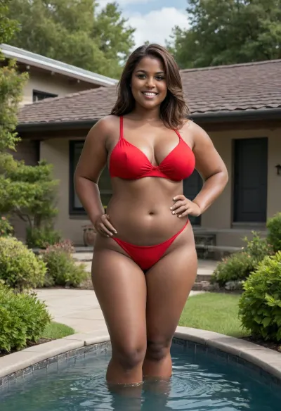 1girl, (dark_skin:1.5), (chubby:1.4), house, garden, thick_thighs, huge_breasts, thighs, navel, red_bikini, brown_hair, sandals, long_hairr, curvy, water, lips, smile, outdoors, sky, cleavage, mature_female, full_body, thick_lips, cover, perfect face, sweet face, perfect photo, high quality, highres.