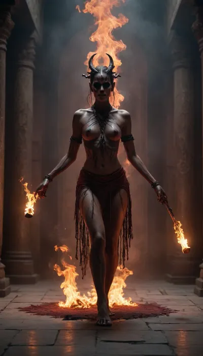 A dark ritual dance in a ruined ancient hall. A female shaman-dancer spins in mid-motion, her flowing crimson garments torn and ritualistic, soaked with ash and smoke. Her skin glistens with sweat and ritual markings, eyes glowing faintly with unnatural light. Around her emerge shadowy demonic entities — horned silhouettes, elongated limbs, clawed hands forming from smoke and fire. Some demons manifest as floating masks with burning eyes, others as skeletal spirits bound by chains of embers.

The environment is oppressive and infernal, cracked stone floors engraved with occult symbols, flickering candles made of black wax, thick smoke crawling along the ground. Dark red and black color palette, heavy shadows, low-key cinematic lighting. Ash falls from above like black snow. The air vibrates with ancient chanting and unseen drums.

The dance feels like a summoning — raw, primal, forbidden. Motion blur emphasizes violent spinning fabric and supernatural energy. Demonic faces emerge briefly from the smoke, watching, whispering. Ultra-realistic textures, high-detail fabric, skin, smoke, fire, and stone. Dark fantasy, occult horror, shamanic ritual atmosphere, cinematic realism, haunting and terrifying mood.