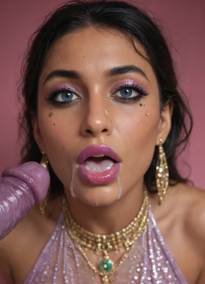 (high-quality facial detail:1.3), Indian sexy beautiful girl, (blue eyes:1.3), ((bimbo makeup, intense saturated glossy purple lipstick:1.2)), (Indian face:1.9), ((makeup:1.8), long blue eyelashes, olive eyeshadow with glitter), (lips:1.2), open mouth, saliva, in a transparent tight-fitting sequined dress, (pink-purple areoles are visible, nipples with piercings), an exquisite necklace and gold bracelets, (purple anus stretched around dildo), mid ejaculation, (penetration), she has long hair tied up in a bun, (purple pussy:1.7), nipple ringsnipple, (purple puffy anus:1.5), nipple ringsnipple rings, pussy view, slit pussy, slender long legs with a high waist, fishnet stockings, green stilettos, seductive grins, dark skin., (cum in mouth:1.3), (heavy pussy piercing:1.7), There is a lot of cum on the pubic area of the anus, <lora:EnvyBeautyMixXL02:.8>, <lora:Lip_Gloss_sexy_lips_by_DarkEffect:.8>