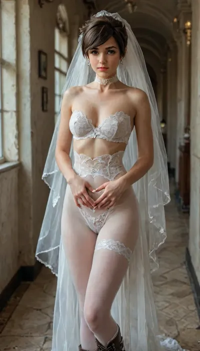 Super realistic 8k style, score_9, score_8_up, score_7_up, FILM PHOTOGRAPHY STYLE, cinematic photo photo woman, professional portrait photography, tracer from overwatch, naked, tight_fitting lace wedding dress and wedding veil, stomach_cutout, white knee-high leather boots with turn-up collar, white pantyhosed, extreme cameltoe, <lora:detailed_notrigger:1>, <lora:add-detail-xl:.8>, <lora:LCMTurboMix_Euler_A_fix:.8>