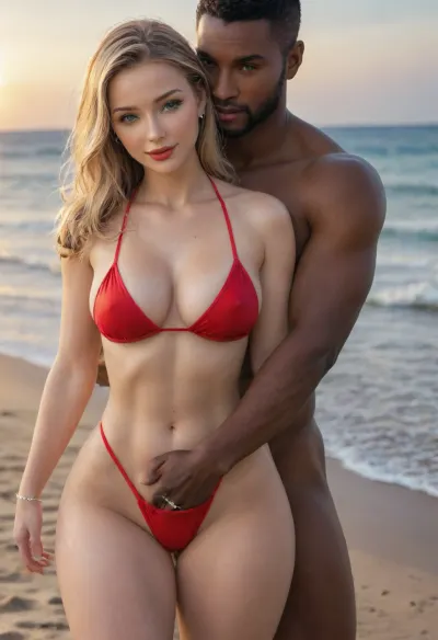 (masterpiece, best quality), explicit interracial couple caressing on the beach. French woman, blonde hair, facing the camera, 40 years old, (beautiful:1.7), (wedding ring:1.4), (curvy:1.5), ((fertile goddess)), wide hips, big bubble butt, thick thighs, dressed, red string bikini, covered breasts, protruding nipples, (soft natural teardrop breasts), (C cup breasts), perfect heavy makeup, red lipstick, seductive eyes, wry smile, looking at the viewer, closed lips, sexy head-tilt, S-curve model pose, (((embraced from behind))), his hands are caressing her body, 1man, (((male model face))), black African, black skin, swimwear, naked torso, muscular, athletic, bulging brutish muscles, his massive masculine hands are holding her hips, (caressing:1.6), . Beach, sea, sand, sunny sky, hot midday setting, energetic tone, front view, side view, sunlight lit from the front, sunlight reflecting off skin, captured with a Leica M10, Leica Summilux 50mm f/1.4 lens, sharp focus, best shadow, score_9, score_8_up, 8K, UHD, clear image, extremely sharp, extremely detailed, extremely intricate detail, high res, ultra-high-definition, highly detailed, ultra-sharp textures, finely detailed, perfect skin texture, hyperrealistic lighting, professional photography, full dynamic range, deep contrast, high clarity, realistic depth of field, HDR, perfect exposure, smooth gradients, volumetric lighting, natural reflections, ultra-fine details, realistic skin pores, individual hair strands, bokeh, soft shadows, color-graded, dvr-shrp, sexy ass, small, shadow, minimalism, <lora:attractive_notrigger:1.5>, <lora:WildcardX-XL-Detail-Enhancer:1.5>, <lora:EnvyShadowMinimalismXL01:1.5>, <lora:NSFW_Reality_Engine_XL05:1.5>, <lora:EnvyThiccXL02:1.5>