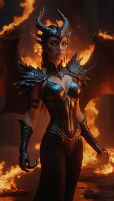 Dragonid girl in obsidian armor with shimmering iridescent scales. Beautiful female face. 2 rows of horns on the sides of the head, (1 horn on the forehead:1.5), ((dragon wings:1.5)), (fire everywhere:1.5), (medium breast:1.5), full-length portrait, DonMDr4g0nXL, winxl, wings, flame, aquatic, shadow, feathered, colorful, owl, mask, machine, holding, a, weapon, whip, dagger, ambient, horns, <lora:DonMDr4g0nXL-rb:2>, <lora:winxl-step00000350:2>