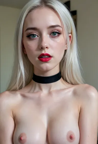 18 year old horny model freckles, fuck me written on her ass, holding vibrator, back arched, long white hair, pigtails, green eyes, medium breasts, small tight ass, skinny waist, see thru bra and panties, black eyelashes, black eyeliner, red lipstick, smeared gothic makeup, skinny hips, cute boyish face, wearing a black choker, front view from top, pale, skin, majicmix_style, <lora:Pale_Skin_SDXL_v1.0:.8>, <lora:beautiful_girl_ver1.1:.8>