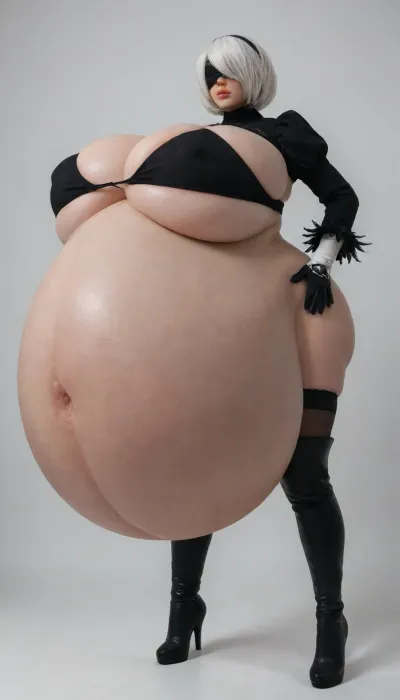 Yorha 2b from nier automata, 2b, 2b cosplay, standing, ((3/4 view)), ((extremely pregnant)), ((((gigantic pregnant belly)))), unrealistically big belly, pregnant, pregnancy breasts, serious, black blindfold covering both eyes, (((huge gigantic breasts))), outwards navel, simple background, 2B_Nier_Automata_1024, <lora:2B_Nier_Automata_1024:.4>