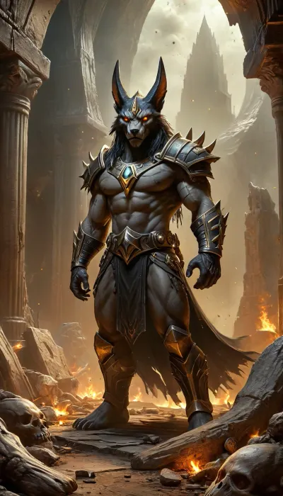 head to toe full figure charactor. wide angle, card for TTRPG Guilded frame, Marvel comic Style Cover Art Concept for, (photorealistic), World of warcraft art style Visual Elements, Anubis style werwolf, (world of warcraft art), (comic book style), standing on a pile of bones and rubble, apocalyptic background, standing at edge of colossal underground abyss, glowing Hash-Nass hive below shaped like a malignant star, scale emphasizing inevitability and threat STYLE LOCK, (Epic dark fantasy illustration, mythic science-fantasy tone, painterly realism, Luis Royo inspired, dramatic lighting, high contrast, rich textures, flowing fabrics, ancient technology disguised as divine artifacts, cinematic composition, ultra-detailed, sharp focus, no modern elements, no text, no watermark), high contrast black and white, only one character, no horns, Art, by, Boris, Vallejo, Tarot, Card, Style, <lora:Fantasy_art_XL_V1:1.8>, <lora:DUSK_XL_TAROTCARD_dadapt_cos_5e4:1.4>, <lora:MJ52:1.8>, <lora:Anubis-000002:.8>, shamanqua, <lora:shamanqua:.8>