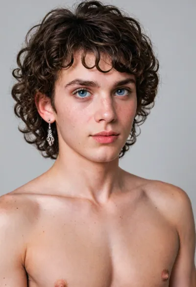 Feminine androgynous man with curly hair, makeup, Perfect, Eyes, Detailed, skin, Skin, blemish, <lora:FLUX_Polyhedron_all_Kohya_ss-000001:.8>, aidmaRealisticPeoplePhotograph, <lora:aidmaRealisticPeoplePhotograph-FLUX-V0.2:.8>, aidmarealisticskin, <lora:aidmaRealisticSkin-FLUX-v0.1:.8>, Gigachad, is, a, muscular, man, <lora:Gigachad:.8>
