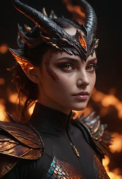 Dragonid girl in sleek obsidian armor with shimmering iridescent scales. Beautiful female face. 2 rows of horns on the sides of the head, (1 horn on the forehead:1.5), (dragon wings:1.7), (fire everywhere:1.5)