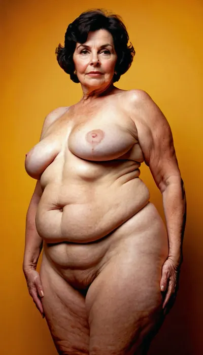 (Front view:1.6), 1970's Mature Woman, 78 years old, dark short hair, (medium breasts:1.2), huge ass, (wide hips:1.3), narrow, waist, her bare breasts, she is complenly naked, hairy pussy, hands on her wide hips, looking stern, bmbplora, Skyla_, <lora:BodyLicious:.7>, <lora:Midjourney_style:.1>