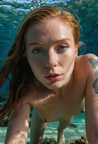 Underwater at the bottom of the sea, Sexy tattooed hippie 18 years old Irish ginger girl enjoying intense orgasm, tall, Pov full frontal body photo, small perky breasts, big beautiful open eyes looking at me, ultra detailed goosebumps skin, tatoo covered body, Nice Pussy, Pussy shaved, ((Beautifull Pussy)), ((Pussy)), (no Penis), kneeling on the coral seafloor, perfect eyelashes, pussy juice, perfect pussy, orgasm o face, intense female orgasm, perfect hands, orgasmic realistic face, she is sitting on the sandy sea bottom, ((fish swimming around her)), ((moaning)), ((orgasmic sensual gaze at the camera)), warm dreamy lighting, ((underwater scene)), highly detailed, character design, elegant organic framing, hyperrealism, posterized, masterpiece collection, amateuranal, missionaryanal, woman, <lora:amateuranal:1>, <lora:JustCum:.1>