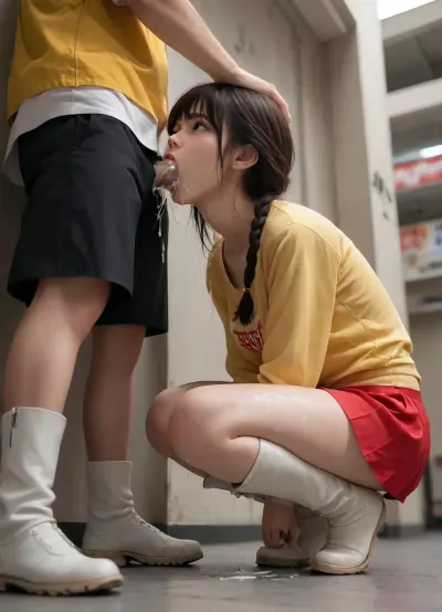 in Mcdonald restaurent, in front of counter, dynamic composition, contreplongé, Best quality, masterpiece, high resolution, detail face, score_9_up, score_8_up, score_7_up, (20yo model), (dark dark hair, two loose braid, straight bangs), (Mc donald t-shirt), (worn yellow jacket, fur trimmed), (red microskirt), (skirt pulled up), (silver boots), squatting, blowjob, (((deepthroat))), looking up, saliva, wet face, sloopy, wet clothes, medium saggy breasts, no panties, pubic hair, wet boobs, cum dripping from pussy, cum overflow, excessive cum, cum on legs and ass, in a McDonald, peoples eating in background, ((front and below view))