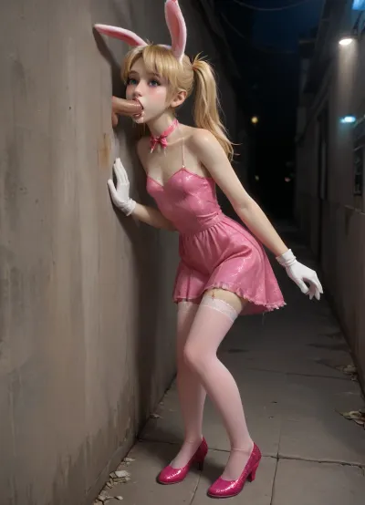 (Indian fantasy futurist style), yellow hair 20 yo girl, neon, ((big purple lips with glitter)), purple eyes, ecstatic terror with flushed cheeks, a satin garter belt with, (pink stockings with a bunny pattern, red stiletto shoes), bare shoulders, unhealthy blush on face, man receiving deep throat blowjob from her, cock fully in her mouth, cum overflowing, drool everywhere, cum dripping onto breasts, extremely webbed saliva threads, tears mixing with sweat, flat chest, head tilted back against wall, dark alleyway, night, (cartoon), tooned, cartoon, low color palette, painted, illustration, made in illustrator, no gradients, Incase style, concept, retro, futuristic, flat colors, masterpiece, choker on the neck., realistic lighting, ultra high resolution, clear focus, depth of field, 32k, 30 mm lens, 1/250 s, f/2.8, ISO 300, UHD 8K, high resolution face, score_9, score_8_up, score_7_up, score_6_up, (j_cartoon:1.5), Drawing, full body view, flat, chested, perfecteyes, Hastune, Miku, twintails, black, dress, gloves, elbow, clothing, cutout, neck, ribbon, blue, hair, (gradient, hair), feline_hybrid, furry, <lora:flat_chested_v3.5:1>, <lora:lora-sdxl-perfect-eyes:.8>, <lora:futanari_XL:2>, <lora:checkpoint-e100_s1200:.8>, <lora:Realistic_Feline_Hybrids:.8>