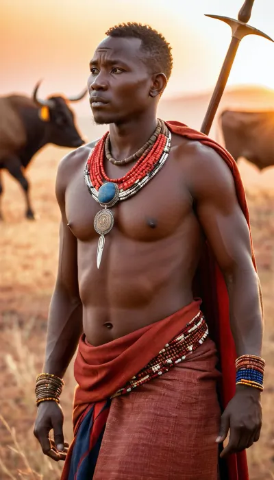 (masterpiece, highest quality, ultra-detailed rendering), (photorealism:1.2), (epic composition), a Masai warrior stands proudly at sunset in the Kenyan savannah, (full frame:1.1), natural skin texture, detailed face, expressive features, (dressed in a traditional bright red shuka:1.1), (multi-layered beaded necklaces), (beaded bracelets), dusty dry savannah landscape, warm orange and yellow tones, golden hour, bokeh background with large horned cattle, light dusty haze, professional photography