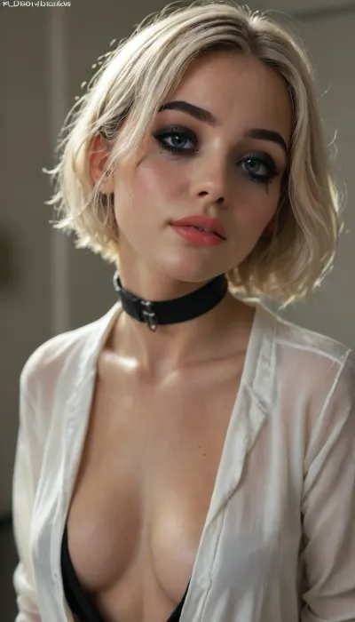(((young))), (white short hair:1.5), slutty clothes, (black collar), slim hourglass body, horny face, attractive body, (black makeup:2), (blue eyes), (into the office), (face close up:1.4), (plunging neckline), (black crop top), skinny, perfect skin, beautiful face, ultra high details, hdr, natural tits, close up full body view, standing, toned body, vivid colors, Stable-Yogis-Makeup-Enhancer-XL, detailxl, detailed eyes, movie, still, film, cinematic, shot, lighting, macro, 35mm, <lora:DetailedEyes_V3:2>, <lora:AdvancedEnhancerXLv2:2>, <lora:style_lora_realis:2>