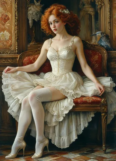 woman, 50 years old, (small body size:1.3), full body, Jean, Delville, style, of, Michael, Cheval, (onoff), (sit, on, seat, spread, legs:1.3), <lora:tbh140-sdxl:.6>, <lora:tbh129-sdxl:.8>