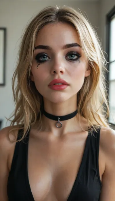 (((young))), blonde bangs hairstyle, slutty clothes, slim hourglass body, (big perky tits), (skinny), horny face, attractive body, black choker, (black makeup:2), (blue eyes), (into the office), (face close up:1.4), (plunging neckline), (black crop top), skinny, perfect skin, beautiful face, ultra high details, hdr, natural tits, close up full body view, standing, toned body, vivid colors, Stable-Yogis-Makeup-Enhancer-XL, detailxl, detailed eyes, movie, still, film, cinematic, shot, lighting, macro, 35mm, <lora:DetailedEyes_V3:2>, <lora:AdvancedEnhancerXLv2:2>, <lora:style_lora_realis:2>