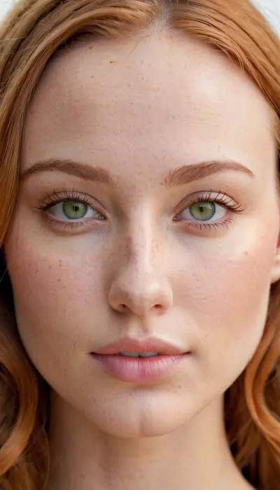 Close-up portrait of a young woman with long bright orange wavy hair parted slightly off-center, revealing a soft natural hairline and smooth high forehead with gentle curvature, fair skin with a matte texture and subtle peach undertones, almond-shaped green eyes with a soft reflective sheen, delicately arched eyebrows with medium density and natural definition, straight refined nose with a narrow bridge and softly rounded tip, short philtrum, full lips with a natural curve and soft pink tint, neutral facial expression, rounded chin with gentle contour, symmetrical facial structure, evenly diffused lighting, shallow depth of field, photorealistic detail