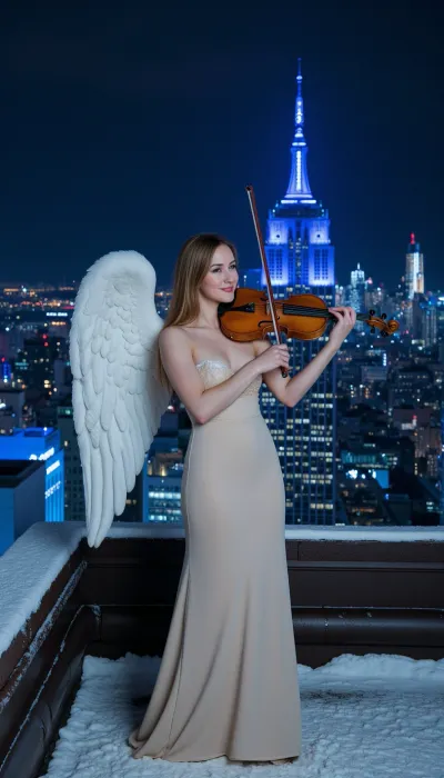 Woman Angel in evening dress, violinist, on the roof of a high-rise building, New-York city, snowing, night, blue light, Christmas, illuminations