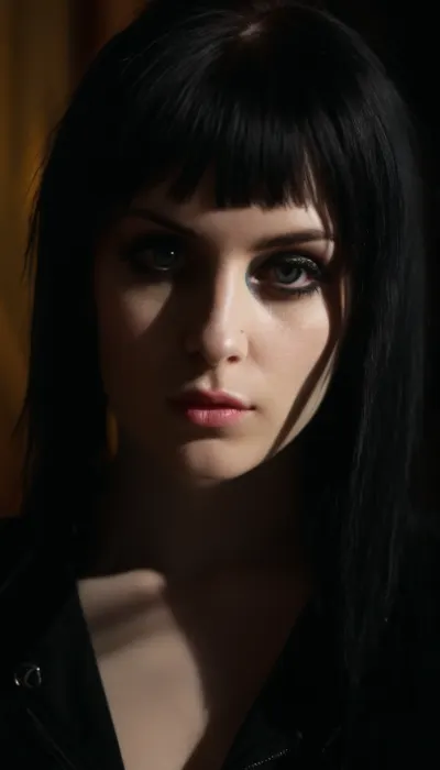 ziprealism, (Emo woman, goth esthetic:2), (electric anticipation esthetic, love at first sight, dreamy esthetic, ethereal quality, anticipation and desire:1.2), (pale skin, subtle freckles, suggestive cleavage), (eye-catching hair style, voluminous hair, thick gorgeous hair:1.6), (playful eye contact, mischievous grin:1.4), (expressive eyes, stunning eyes, bold makeup, limbal rings, delicate facial features), (cinematic lighting, color grading, dappled light, shadowplay, short focal length, layered composition:1.8), Stable-Yogis-Makeup-Enhancer-XL