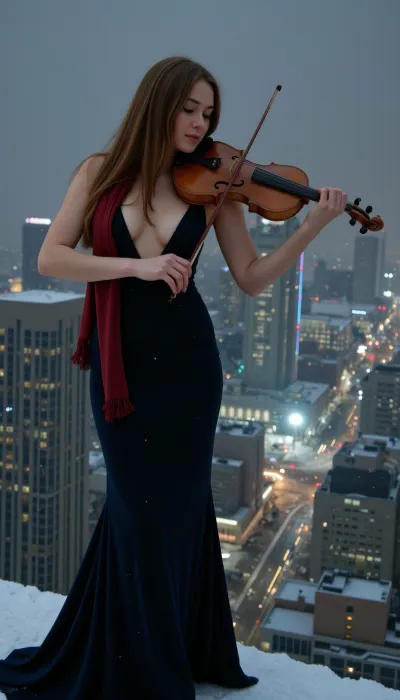 A cinematic, highly detailed image of a young female violinist with Auburn hair, (early 20s), standing on the edge of a high-rise building on Christmas Eve, high above the city. Snow is falling hard around her, while the lights of the city glow far below through the storm. Skyscrapers fade into the snowy haze in the distance, and the night sky feels cold, quiet.

She’s dressed for in a long, elegant dress with a deep plunging neckline, with a deep red scarf wrapped around her neck trailing behind her in the wind. Snow is falling and collecting on the ground. She has long Auburn hair. Despite the storm and the height, she stands confidently and plays her violin, bow caught mid-stroke as if the music itself is holding the moment together. Her posture is calm and practiced, balanced right at the edge, and her expression is peaceful but deeply focused, completely absorbed in the music. Her breath is visible in the cold air, and tiny snowflakes cling to her lashes and hair, catching the warm glow of the city lights below.