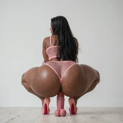 black african mature woman, (milf:1.1), (extremely long smooth black hair:1.7), (massive breasts:1), (massive ass:1.2), (wide_hips:1.5), pink fishnet top, pink high heels, pink fishnet panties with open crotch, squatting on a pink dildo, ass view from behind, looking forward, eyes closed, mouth closed, (hottest black african woman), (ass focus), white background, white room, white floor, white wall.