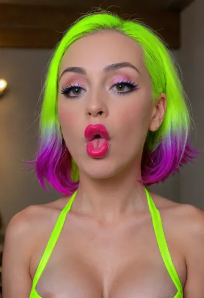 (futurist style:1.3), (I'm 80 years old and have neon yellow hair with sparkles:1.8), ((big purple lips with glitter:1.3)), purple eyes, ecstatic terror with flushed cheeks, a satin garter belt with, (pink stockings with a bunny pattern, red stiletto shoes), bare shoulders, unhealthy blush on face, (Futanari XL receiving deep throat blowjob from her), (deep blowjob), cock fully in her mouth, cum overflowing, drool everywhere, cum dripping onto breasts, extremely webbed saliva threads, tears mixing with sweat, flat chest, head tilted back against wall, dark alleyway, night, neon light, cartoon, retro, futuristic, masterpiece, The golden collar of submission., realistic lighting, ultra high resolution, clear focus, depth of field, 32k, 30 mm lens, 1/250 s, f/2.8, ISO 300, UHD 8K, high resolution face, score_9, score_8_up, score_7_up, score_6_up, (j_cartoon:1.5), full body view, twintails, dress, gloves, elbow, clothing, cutout, neck, ribbon, blue, hair, (gradient, hair), erect-futa, erect-penis, woman, testicles, erection, makeup, eyeliner, eyelashes, There's a heart-shaped hole in her panties, Young thai girl, 18 years older age, beautiful face, symetric face, skinny body, slim body, fit body, big silicone tits, on her knees, tanned skin, black fishnet stockings, handjob a man, front view, upper body view, a standing man with her, (cum on face, cum on tits, cum on hair), <lora:futanari_XL:1.4>, <lora:SDXLlora13ErFut:.8>, <lora:8_Lips:1.4>, <lora:Modern_MakeUp_XL_v0_1:2>