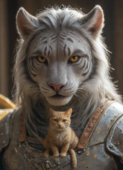 Grey anthro tiger, massive furry body, grey body furr, high tech silver armor, yellow cat eyes, half closed eyes, dragon crystal wings, tired, pragmatic look, volumetric light, high resolution, detailed, realistic, masterpiece