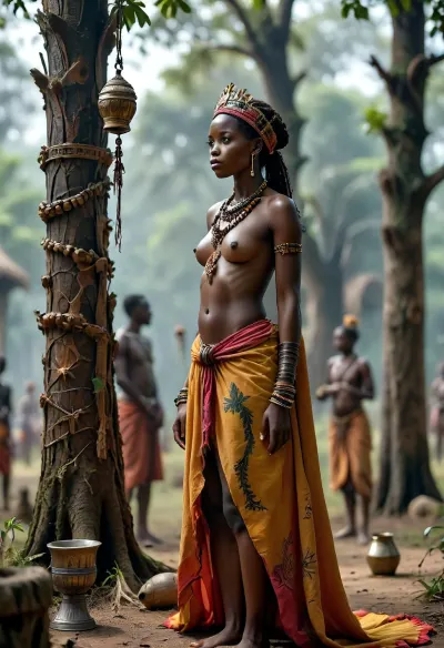 On a ceremonial African grounds, a powerful Black African king stands dominantly, adorned in regal, brightly colored garments with intricate patterns and traditional jewelry. In the foreground, a Nordic enslaved woman, dressed in simple, rough-spun linen and barefoot, offers the king a metal cup, intricately crafted from bronze. Behind them, vertical, roughly hewn tree trunks stand tall, adorned with symbolic animal skulls, imbuing the scene with a mystical, almost dark atmosphere. In the background, blurred silhouettes of other Black African people add life and authenticity to the setting, creating a vivid and detailed portrayal of the scene. The king’s expression is stern and formidable, reflecting his power, while the enslaved woman’s demeanor is respectful and subdued. This composition evokes a powerful, thought-provoking atmosphere, (maximum detail), (super realistic photo:1.4), CUM, DONATION, ASSISTANCE, FELLATIO, TITS, SEX, HANDJOB, FOOTJOB, AFTER, VAGINAL, <lora:MJ52:.6>, <lora:Super_Eye_Detailer_By_Stable_Yogi_SDPD0:.3>, <lora:BUT_SDXL_SHS:.3>, <lora:Cloudy_Style:.8>, <lora:CUM DONATION ASSISTANCE:1.9>