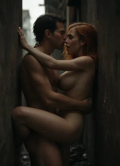 redhead 25 year old girl, pinned against the wall, face pushed against wall, fucked from behind, ((side view)), hand pushing against wall, (breasts press against wall), eyes closed, skinny, clenched teeth, sex, high quality, highres, (looking behind), (cheek against wall), hands against wall, (ginger hair), creampie, vaginal, standing sex, cum driping from pussy, in dark alley, detailxl, <lora:MJ52:.8>, <lora:dark:.8>