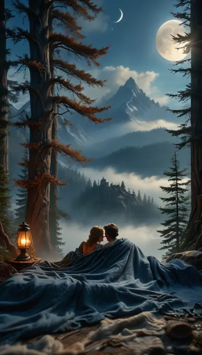 (in the detailed and focused foreground a hetero couple lies cozily together under thick down blankets:1.8), their faces tenderly visible, radiating warmth and affection, 0n a mountain peak at night, a beautifully crafted, rustic wooden bed sits in the foreground. The scene is bathed in the soft morning light, with a gentle layer of fog nestled between the mountain peaks. In the background, the breathtaking panorama of mountains stretches out, creating a magical, surreal atmosphere, A serene and mystical landscape depicting a luminous, crescent moon hovering above a majestic mountain range, its gentle glow illuminating the rugged peaks and valleys, with misty clouds drifting across the sky in shades of misty blue and silver, set against a darker blue-black background that gradates to a deep indigo towards the top, with subtle, nuanced texture and subtle brushstrokes evoking a sense of ancient wisdom and mystique, and in the foreground, a few wispy trees stand tall, their slender branches etched against the moon's ethereal light, with an overall dreamy, surreal quality that transports the viewer to a realm of wonder and enchantment, (maximum detail), (super realistic photo:1.4), Jed-FanSea, <lora:MJ52:.6>, <lora:Super_Eye_Detailer_By_Stable_Yogi_SDPD0:.3>, <lora:BUT_SDXL_SHS:.3>, <lora:Cloudy_Style:.8>, <lora:FantasySeascapes:1.7>