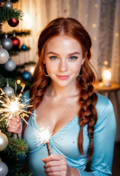 Photo taken with an iPhone 16 Pro camera, photo of a young Scandinavian hyper-cute girl, clear focus on the girl, the girl holds a beautifully burning sparkler in her hand, a red-haired student girl, realistic freckles, a slim athletic build, natural red hair, high-quality hair, high hair detail, hair braided, a girl in a Christmas elf costume with false elf ears, a Christmas elf cap and costume, a girl near a decorated Christmas tree, a Christmas atmosphere, light from garlands and from the camera flash, the girl looks at a burning sparkler, correct big blue eyes, makeup, lush eyelashes, firm breasts, a photo from the front side, lighting from garlands of sparklers and from the camera flash, the girl smiles sweetly, the photo creates a warm Christmas atmosphere. raw, lighting, overexposed, harsh, flash, <lora:Rawfully Stylish v0.2_epoch_20:.8>