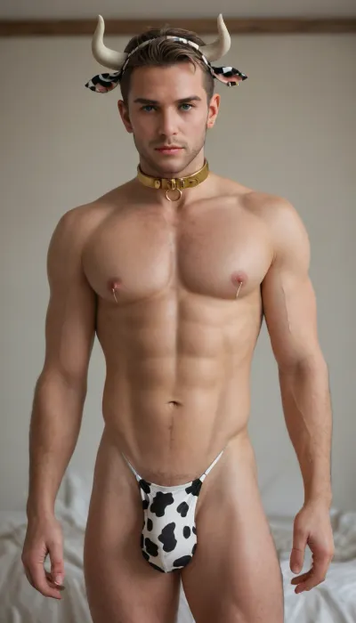 Man in cowprint bikini top and thong. Collar. Cow horn and ear hairband. Cock bulge. Big bulky milky pecs
Milk leaking from nipples. Lactation. Lactating man. Milk. Lactating nipples. Lactating boobs. Milk spurting from chest. Large very visible amounts of milk, lactation, sprayingmilk, . Gold nose ring, <lora:lactation_XL_0_:2>, . Thong cowprint. Obvious cock bulge. Focus on chest. Gold septum piercing. Cowprint bikini top. Crossdressing. Cow print hairband
