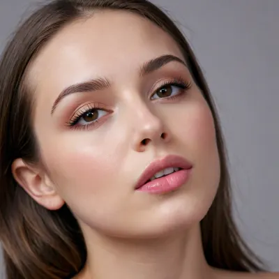 ultra hyper realistic portrait of a young caucasian european woman, 20-26 years old, soft feminine face, smooth oval facial structure, gently rounded cheeks, narrow delicate jawline, softly tapered chin, excellent facial symmetry, balanced proportions, fair light skin tone with warm pink undertone, subtle blush on cheeks, realistic skin texture, visible pores, soft diffused glow, smooth but natural complexion, no harsh highlights, long dark brown hair, straight to very slightly wavy texture, hair framing the face closely, hair partially covering one side of the face, glossy strands, soft natural movement, intimate framing, large almond-shaped brown eyes, eyes slightly widened but relaxed, glossy moist look, soft lower eyelids, long natural eyelashes with mascara, subtle eyeliner, eyebrows dark brown, full and softly defined, natural arch, small to medium nose, straight nasal bridge, softly rounded tip, delicate proportions, full lips, very prominent lips, deep rose to mauve lipstick color, matte to satin finish, strong lip definition, pronounced cupid’s bow, lips gently puckered in a soft pout, kiss expression, lips slightly forward, mouth closed, sensual but calm