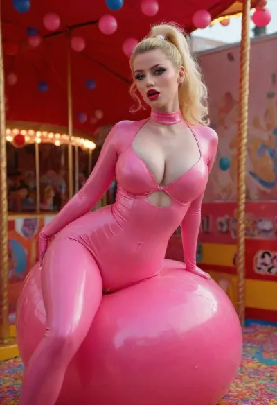 (Bimbo in full latex, (merry-go-around), (riding an excercise ball), ((fun fair)), flirty, cameltoe, loads of big balloons in bright colors, huge fake tits, (transparent platform heels), heavy latex, (latex suit), (latex catsuit that shows cleavage), glitter all over, confetti rain, surreal candyworld background made of cartboard, (horny), (((dry humping the ball))), candyfloss, flexible, swinging hair, serpentine, (((pale pink latex))), (see through latex), pinup pose, ((extremely big lips)), pale, (british), bright colored heavy makeup, (blonde ponytail), extremely thick hair, (voloptuos body), curvy, (big swollen cameltoe), snatched, (ultra slim waist), bodydysmorphia, realistic, bimbo fucktoy, fit muscular lady, detailed eyes, realistic face, detailed hands, (big glutes), candid photo, dutch angle, hard edged shadows, bright daylight, shiny, inflatable, bmbplora, ftsy-gld), latex, matte, shiny, inflatable, ftsy-gld, <lora:shinylatex-merged:1.2>, <lora:Cleave:.4>, <lora:ftsy-gld:1.1>