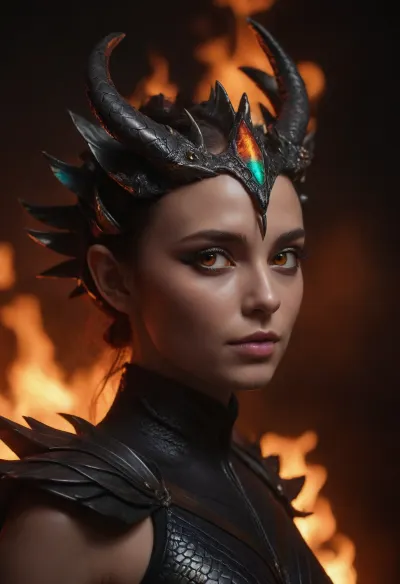Dragonid girl in sleek obsidian armor with shimmering iridescent scales. Beautiful female face. 2 rows of horns on the sides of the head, (1 horn on the forehead:1.5), (dragon wings:1.7), (fire everywhere:1.5)