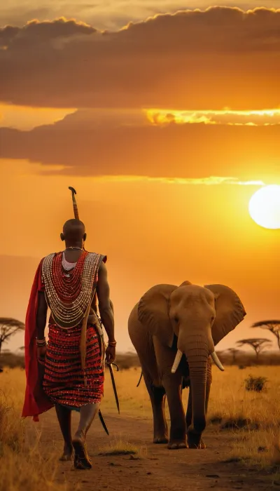 Kenyan warrior Masai, walking in Savannah in sunset, sun setting behind Kilimandjaro, proud, determination, éléphants in background, warm light