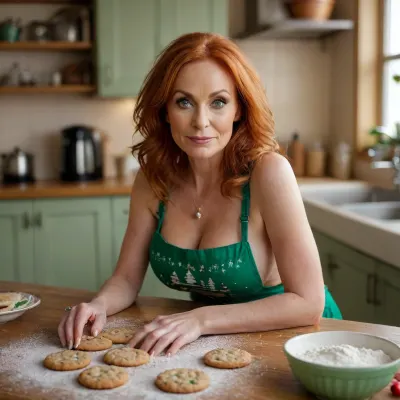beautiful sexy blonde slender 55 year old red hair mature bakes cookies in kitchen for christmas, focused on baking, skin full of flour, christmas outfit, big breast full of flour, table full of cookies and flour, green, eyes, blue, brown, perfecteyes, <lora:PerfectEyesXL:.8>, big, tits, ohwx, woman, top view, <lora:SDXL_GigaTits:.8>, <lora:Midjourney Image Enhancer XL v1:.8>, <lora:add-detail-xl:.8>