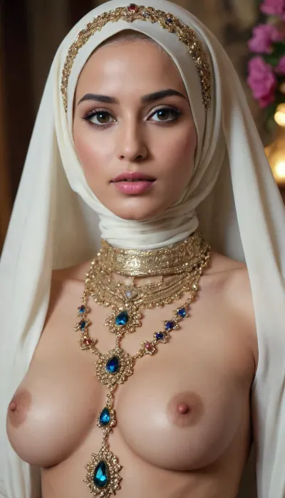 3th3r34l, Qu33n, 1girl-hijab, long, hijab-naked, intricate, gems, flowers, nude Breasts, <lora:Ethereal_Queen:.5>