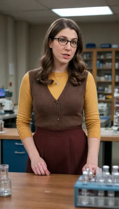 NSFW, "High-resolution photo of Mayim Bialik as the character Amy Farrah Fowler from the TV series 'The Big Bang Theory'. She has wavy brown hair, wears large, round glasses, a discreet mustard or brown sweater over a button-down shirt, and a dark maxi skirt. She is in a neuroscience lab, with test tubes and scientific equipment in the background. Studio lighting, realistic style, 8k."