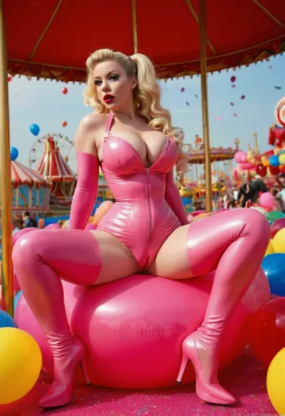 (Bimbo in full latex), (merry-go-around), (doing mid split on an excercise ball), (one leg up towards viewer), ((fun fair)), flirty, cameltoe, loads of big balloons in bright colors, huge fake tits, (transparent platform heels), heavy latex, (latex suit), (latex catsuit that shows cleavage), glitter all over, confetti rain, surreal candyworld background made of cartboard, (horny), (((dry humping the ball))), candyfloss, flexible, swinging hair, serpentine, (((pale pink latex))), (see through latex), pinup pose, ((extremely big lips)), pale, (british), bright colored heavy makeup, (blonde ponytail), extremely thick hair, (voloptuos body), curvy, hourglass figure, (big swollen cameltoe), snatched, (ultra slim waist), (curvy hips), (hip dips), bodydysmorphia, realistic, bimbo fucktoy, fit muscular lady, detailed eyes, realistic face, detailed hands, (big glutes), candid photo, dutch angle, hard edged shadows, bright daylight, shiny, inflatable, bmbplora, ftsy-gld, latex, matte, <lora:shinylatex-merged:1.2>, <lora:Cleave:.4>, <lora:ftsy-gld:1.1>