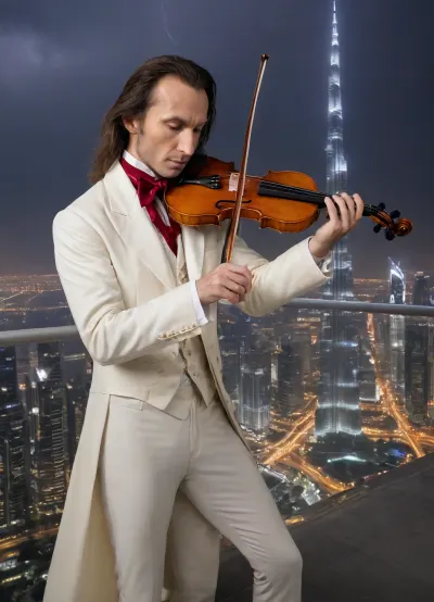 (The Devil's Violinist Niccolò Paganini plays a Stradivarius on the rooftop of the Burj Khalifa during a nighttime thunderstorm:2), ., (Detailed face, detailed bow, detailed violin, detailed costume, detailed hands, piercing gaze:2), Dubai background, nighttime, ultra-realistic color gradation, sharp bodies, sharp outlines, well-focused, shallow depth of field, high quality, cinematic 8K.