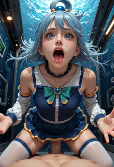 1girl, Aqua, KonoSuba series, adult woman, 36 years old, eyebrows raised, shocked face, mouth wide opened, screaming orgasm, kneeling over viewer, fucked pow by viewer, (big penis), cock deep into vagina, (deep penetration), exaggerated squirting, powerful squirting, squirt dripping heavily, wet pussy, water theme, glowing lights, window with underwater view, energy gauge, glowing instruments, detailed background, high angle, in underwater research laboratory, <lora:detailed_notrigger:.8>, ksaqua, blue hair, rings, blue, shirt, bow, detached, sleeves, skirt, thighhighs, bare, shoulders, <lora:konosuba_aqua_xl-000004:.8>, underwater, research, l4b0r4t0ry, <lora:underwater_research_l4b0r4t0ry:.8>