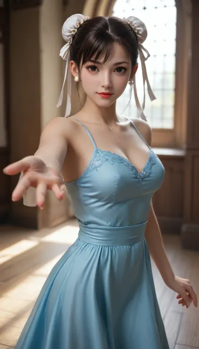 <lora:Chun-Li-SDXL:.8>, chun li thick body in a beautiful bright dress, empty ice rink, professional shot, looking at viewer with a confident smile on her face, reaching for viewer