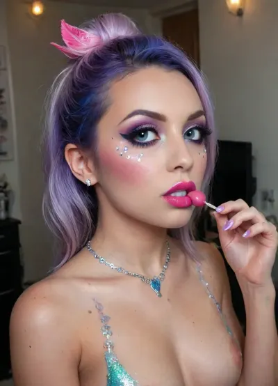 ral-smoldragons, a small dragon with big eyes and a broken heart, two dragonwings on his back, (big lips, anus:1.6), (maximally detailed skin:1.3), ((makeup:1.5), long blue eyelashes, olive eyeshadow with sequins, (high-quality facial care:1.3), big plump lips of a beauty in red lipstick with a glossy wide pink contour and slightly open mouth), (hairstyle with, straight bangs of blue color with sequins:1.2), (purple nipples:1.2), labia, (clitoris piercing:1.7), glitt3r, <lora:ral-smoldragons-sdxl:2>, <lora:glitt3r:2>