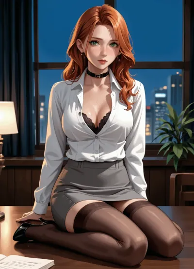 1girl, gray pencil skirt, white shirt, gray jacket, black high heels, stockings, eyewear, bra peek, office attire, sitting on table, leg on table, underwear under clothes, unbuttoned, sweat, pulls back the collar of his shirt, redhead, long hair, freckles, green eyes, pale shiny skin, stressed, mature, night, dark, soft warm light, looking at own chest, window behind back, night city, table lamp, (((animated, anime coloring, anime style:1.4)))