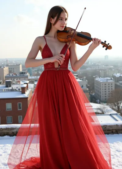 (masterpiece, best quality, high detail, photorealistic), A beautiful 28y.o. female violinist, slim build, wearing a red dress, playing a violin, standing on the roof of a high-rise building, snowy winters day, city rooftops in the background, outdoors, (sunlight), detailed textures, high quality hands