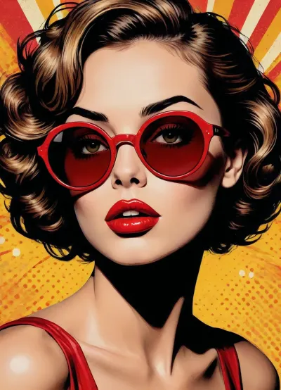Create a bold pop-art poster illustration using the uploaded photo as the main reference. The person’s face, proportions, facial features, and expression must closely match the reference photo.
Illustrate the portrait in a vintage pop-art / comic-book style with strong graphic contrast, halftone dot textures, and rough ink outlines. Use a limited but striking color palette dominated by red, yellow, black, and beige tones.
The subject is centered, facing forward, wearing oversized round sunglasses with tinted lenses and glossy red lips. Hair is slightly messy and stylized with dynamic ink strokes.
Add a gritty, textured background with splatter effects and halftone patterns, giving a retro propaganda poster vibe.
High-detail illustration, screen-print texture, dramatic lighting, graphic poster composition, edgy editorial art style, no realism, no photo look., pop, art, style, <lora:pop_art_style:.8>